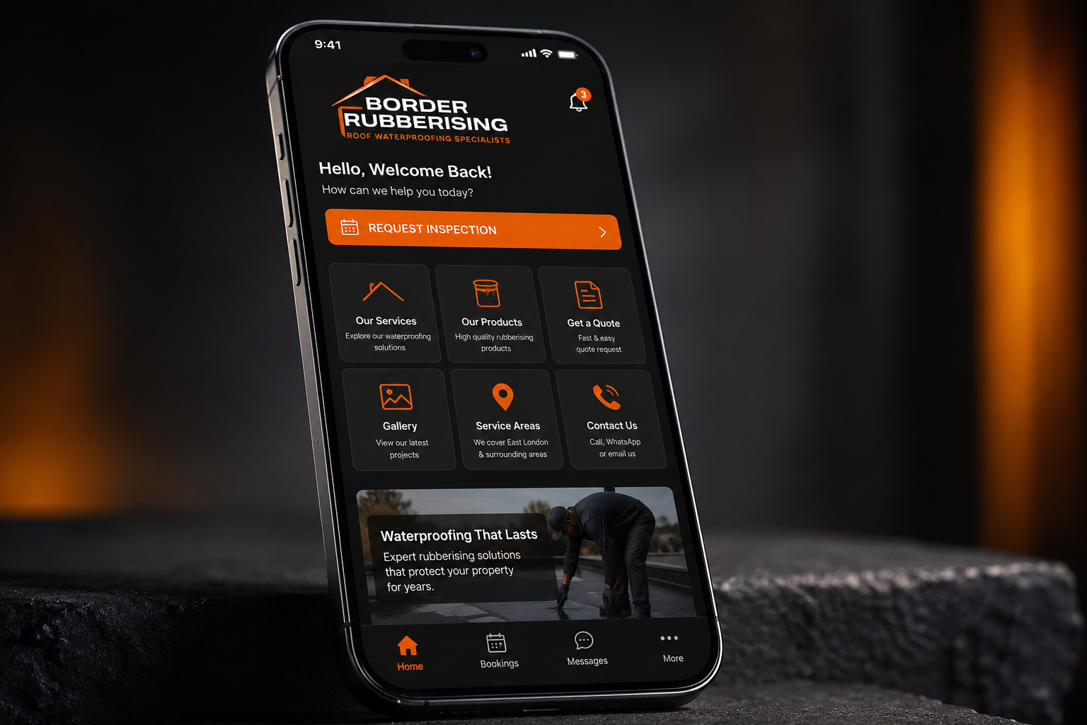 Border Rubberising app open on a cellphone showing online roof rubberising estimator and service features